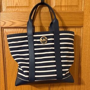 Michael Kors Striped Navy Denim and White Tote